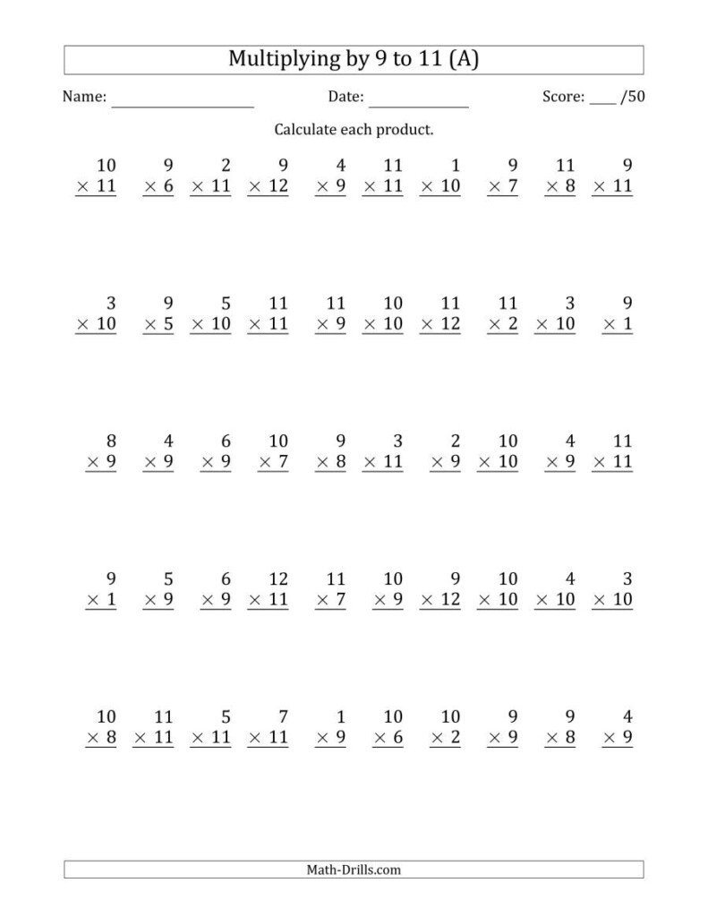 Multiplying9 To 11 With Factors 1 To 12 (50 Questions) (A) Pertaining To Printable Multiplication Test 50 Questions