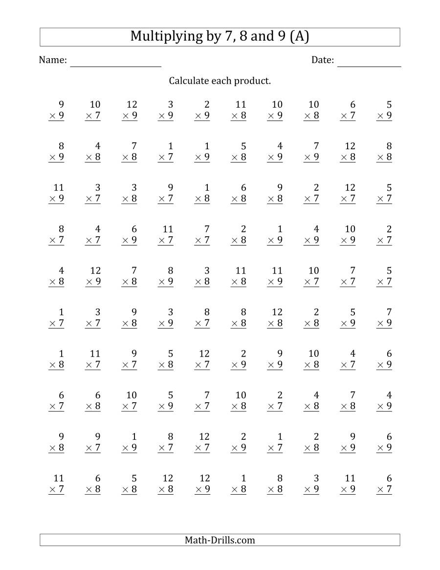 Multiplyinganchor Facts 7, 8 And 9 (Other Factor 1 To 12 in Multiplication Worksheets 7S And 8S