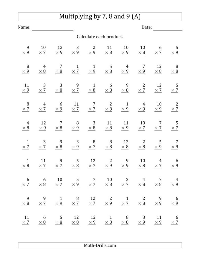 Multiplyinganchor Facts 7, 8 And 9 (Other Factor 1 To 12 With Free Printable 8 Multiplication Worksheets