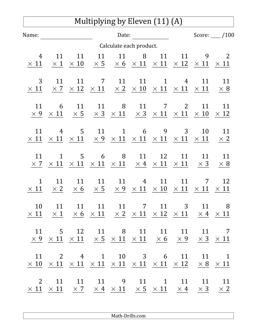 Multiplyingeleven (11) With Factors 1 To 12 (100 for Multiplication Worksheets X11