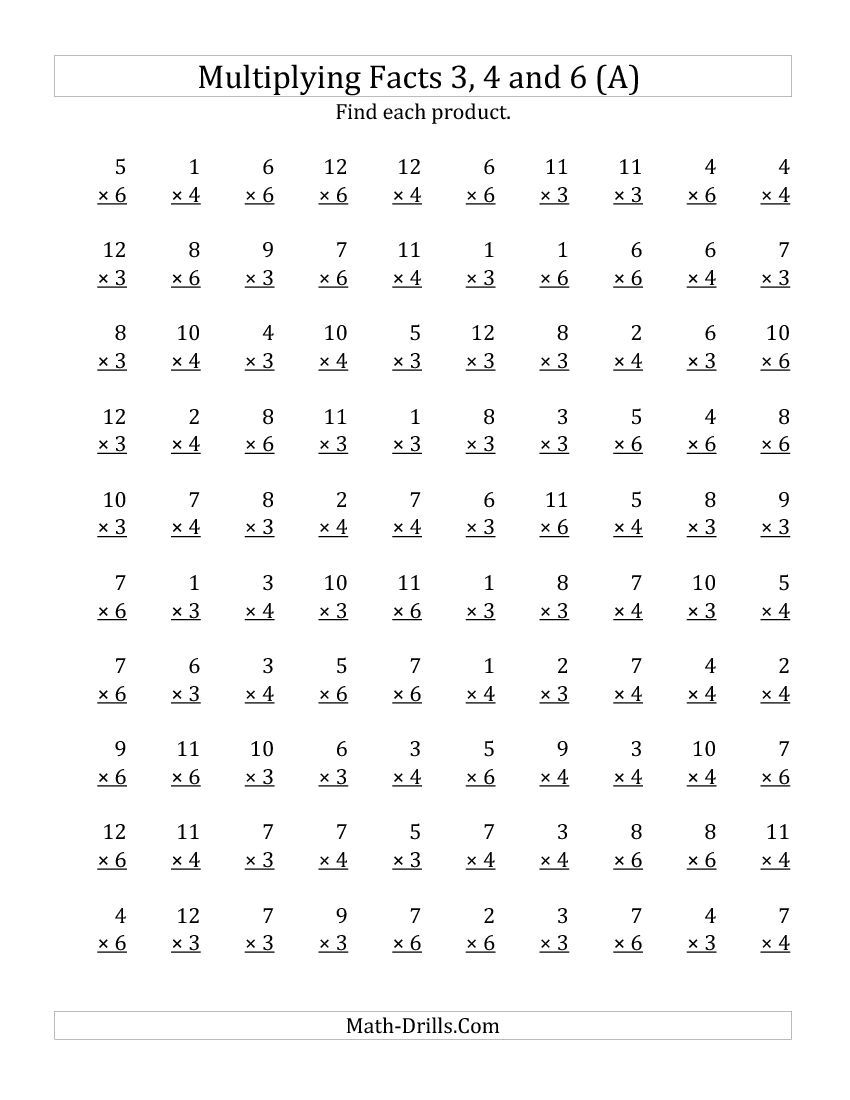 Multiplyingfacts 3, 4 And 6 (Other Factor 1 To 12) (All intended for Multiplication Worksheets Number 6