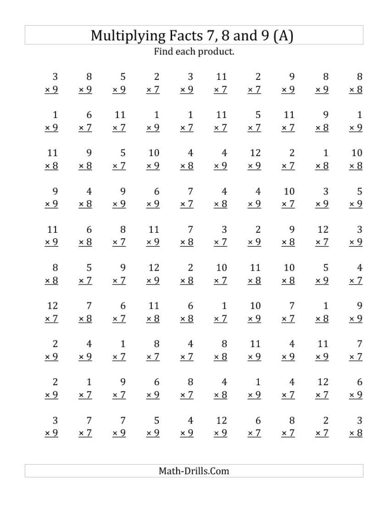 Multiplyingfacts 7, 8 And 9 (Other Factor 1 To 12) (All With Multiplication Worksheets 7 8 9
