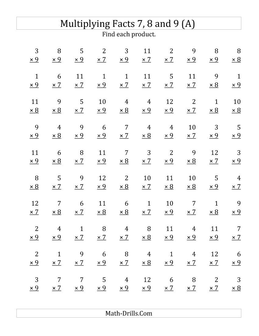 Multiplyingfacts 7, 8 And 9 (Other Factor 1 To 12) (All with Multiplication Worksheets 7 8 9