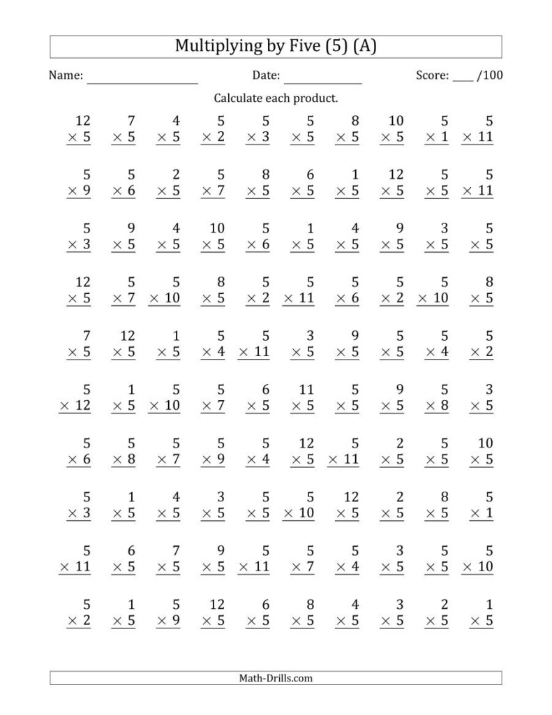 Multiplyingfive (5) With Factors 1 To 12 (100 Questions) (A) Within 1's Multiplication Worksheets