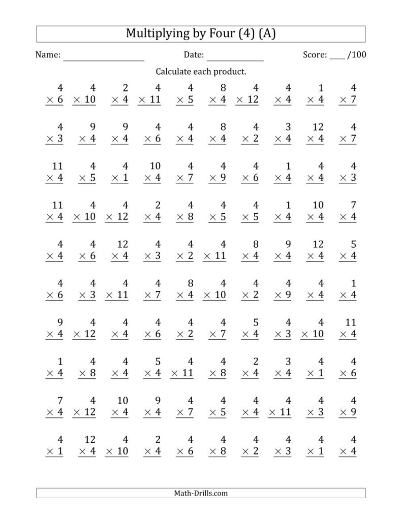 Multiplyingfour (4) With Factors 1 To 12 (100 Questions) (A) Pertaining To 4 Multiplication Worksheets