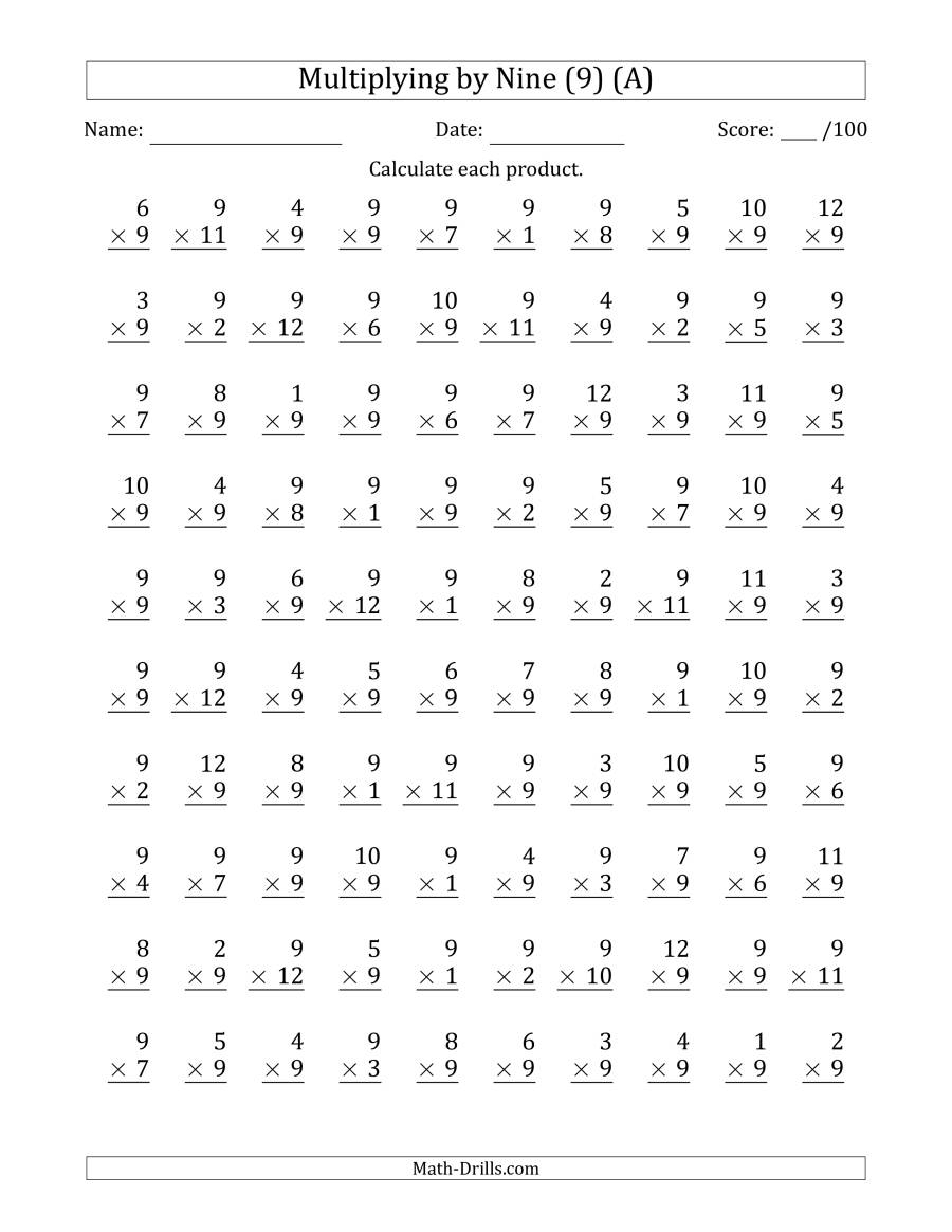 Multiplyingnine (9) With Factors 1 To 12 (100 Questions) (A) for Multiplication Worksheets 9X