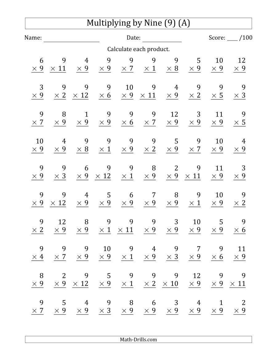 Multiplyingnine (9) With Factors 1 To 12 (100 Questions) (A) intended for Multiplication Worksheets X9 Multiplyingnine (9) With Factors 1 To 12 (100 Questions) (A) intended for Multiplication Worksheets X9