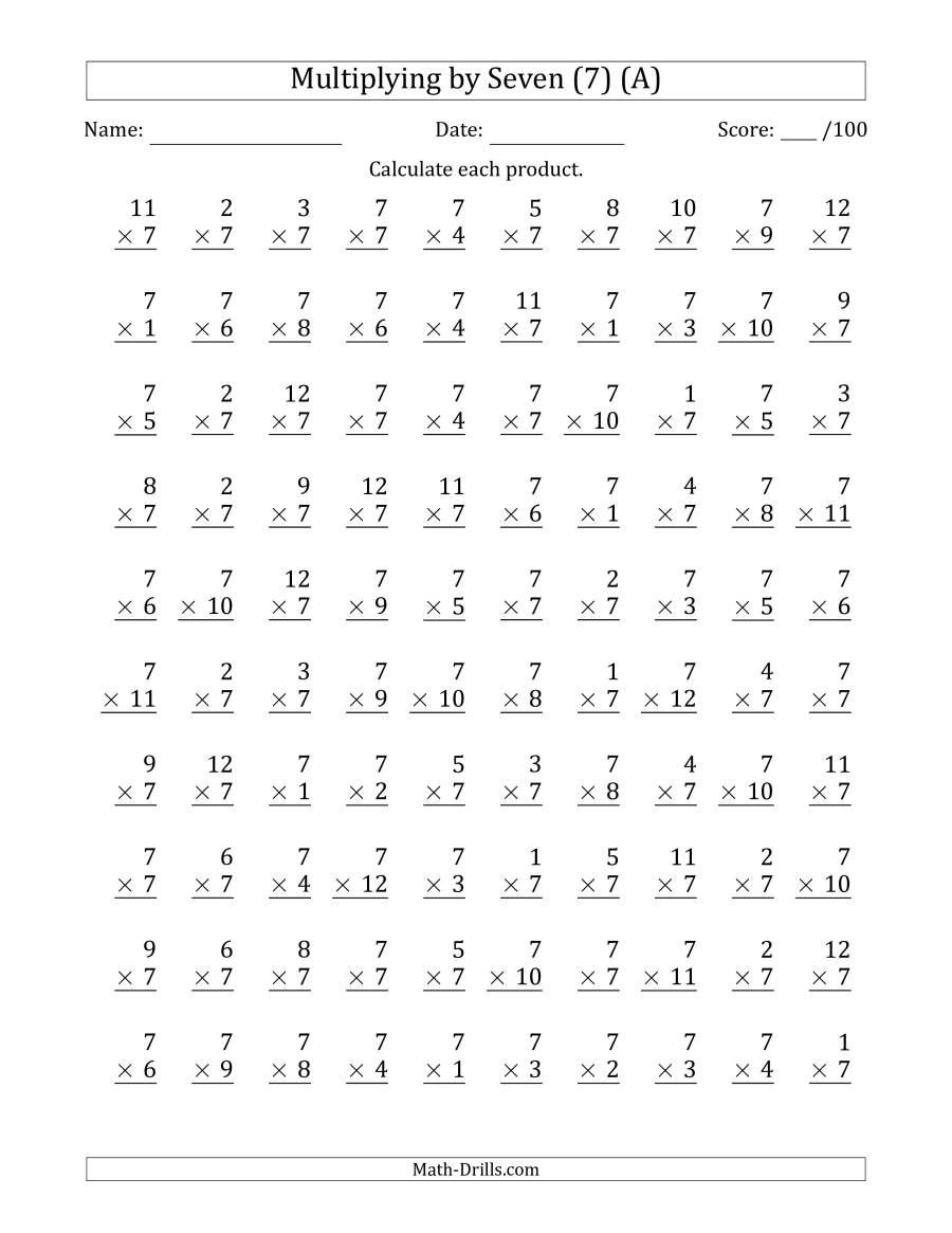 Multiplyingseven (7) With Factors 1 To 12 (100 Questions for Multiplication Worksheets Year 7