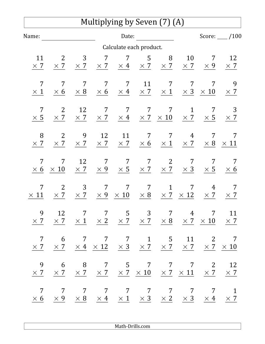 Multiplyingseven (7) With Factors 1 To 12 (100 Questions in Multiplication Worksheets X7