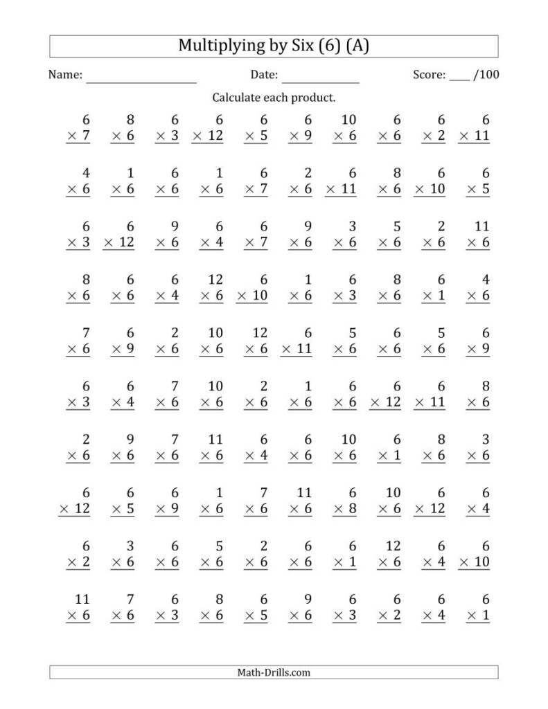 Multiplyingsix (6) With Factors 1 To 12 (100 Questions) (A) in Multiplication Worksheets Numbers 1-6