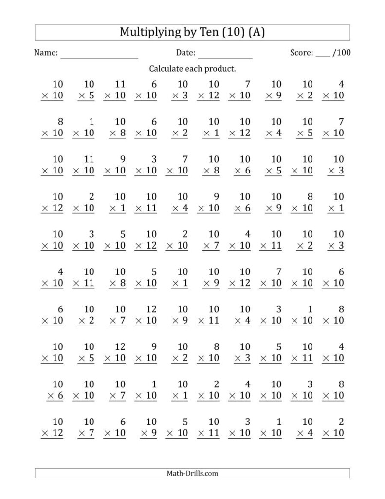 Multiplyingten (10) With Factors 1 To 12 (100 Questions) (A) With Multiplication X10 Worksheets
