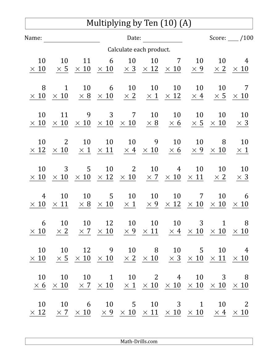 Multiplyingten (10) With Factors 1 To 12 (100 Questions) (A) with Multiplication X10 Worksheets