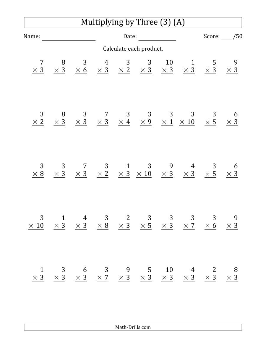 Multiplyingthree (3) With Factors 1 To 10 (50 Questions) (A) within Multiplication Worksheets X2 X5 X10 Multiplyingthree (3) With Factors 1 To 10 (50 Questions) (A) within Multiplication Worksheets X2 X5 X10