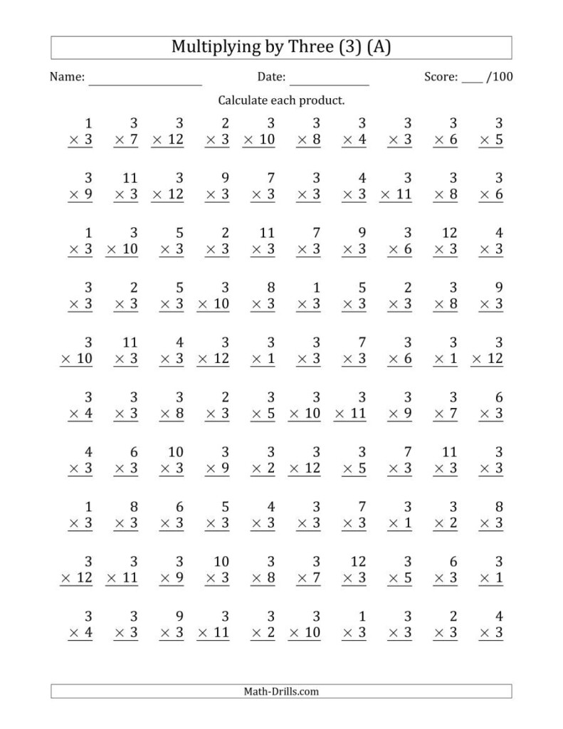 Multiplyingthree (3) With Factors 1 To 12 (100 Questions Intended For Printable 3 Multiplication Worksheets