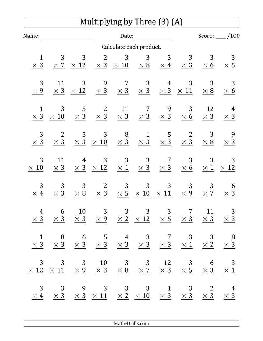Multiplyingthree (3) With Factors 1 To 12 (100 Questions with Multiplication Worksheets Number 3