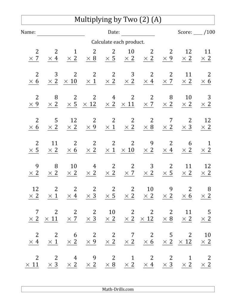 Multiplyingtwo (2) With Factors 1 To 12 (100 Questions) (A) With 2 Multiplication Worksheets