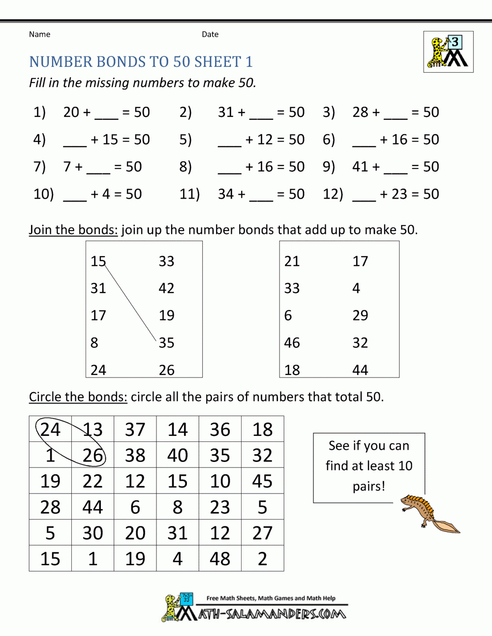 Number Bonds Worksheets To 100 with regard to Printable 50 Multiplication Facts Test