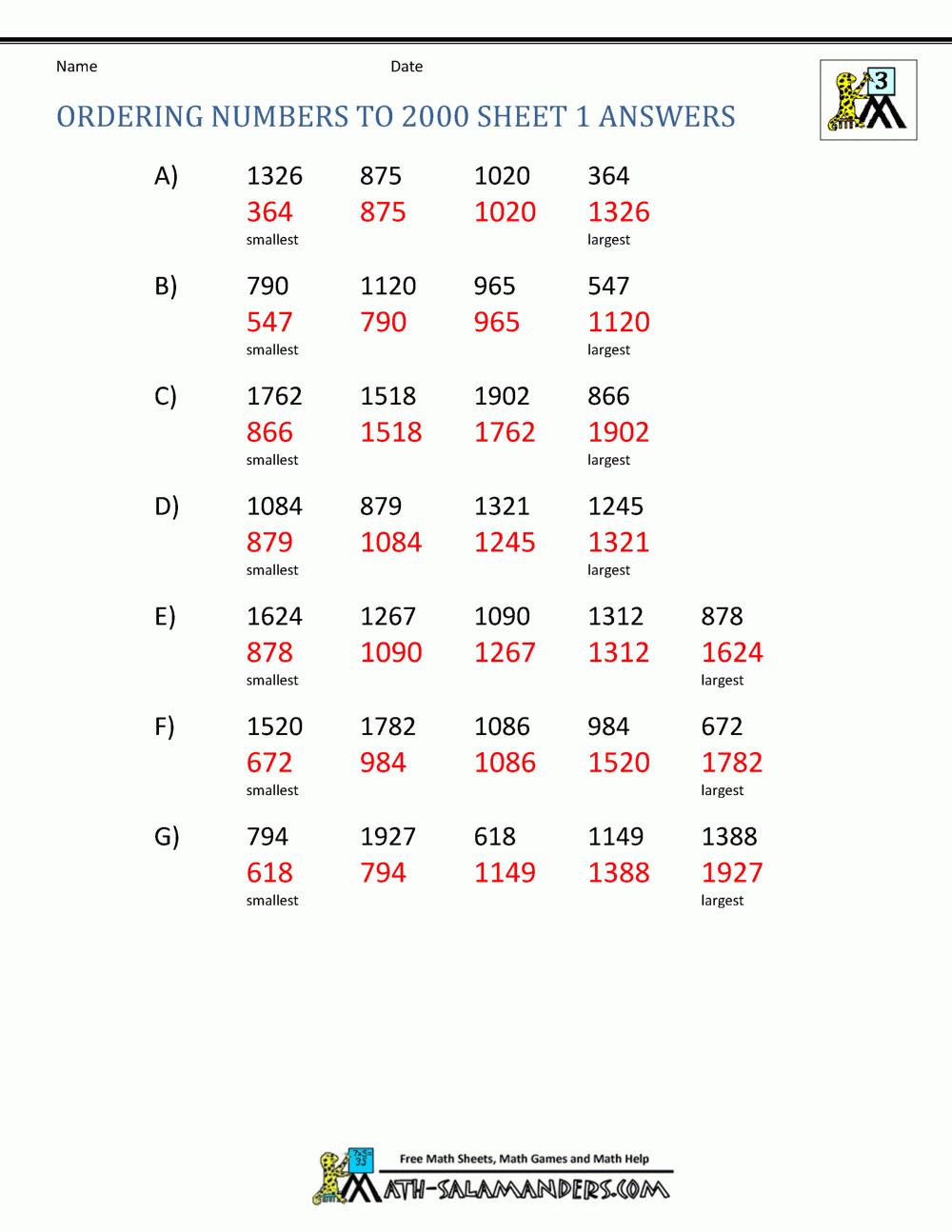 Ordering 4 Digit Numbers Worksheets 3Rd Grade within Grade 3 Printable Multiplication Worksheets