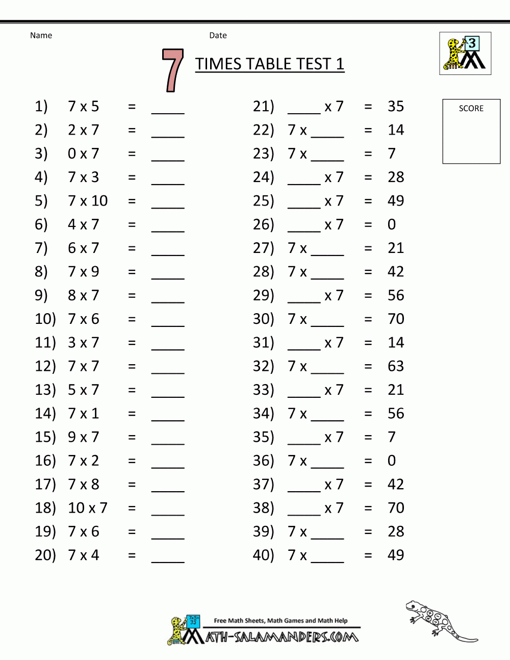 times table worksheet 7