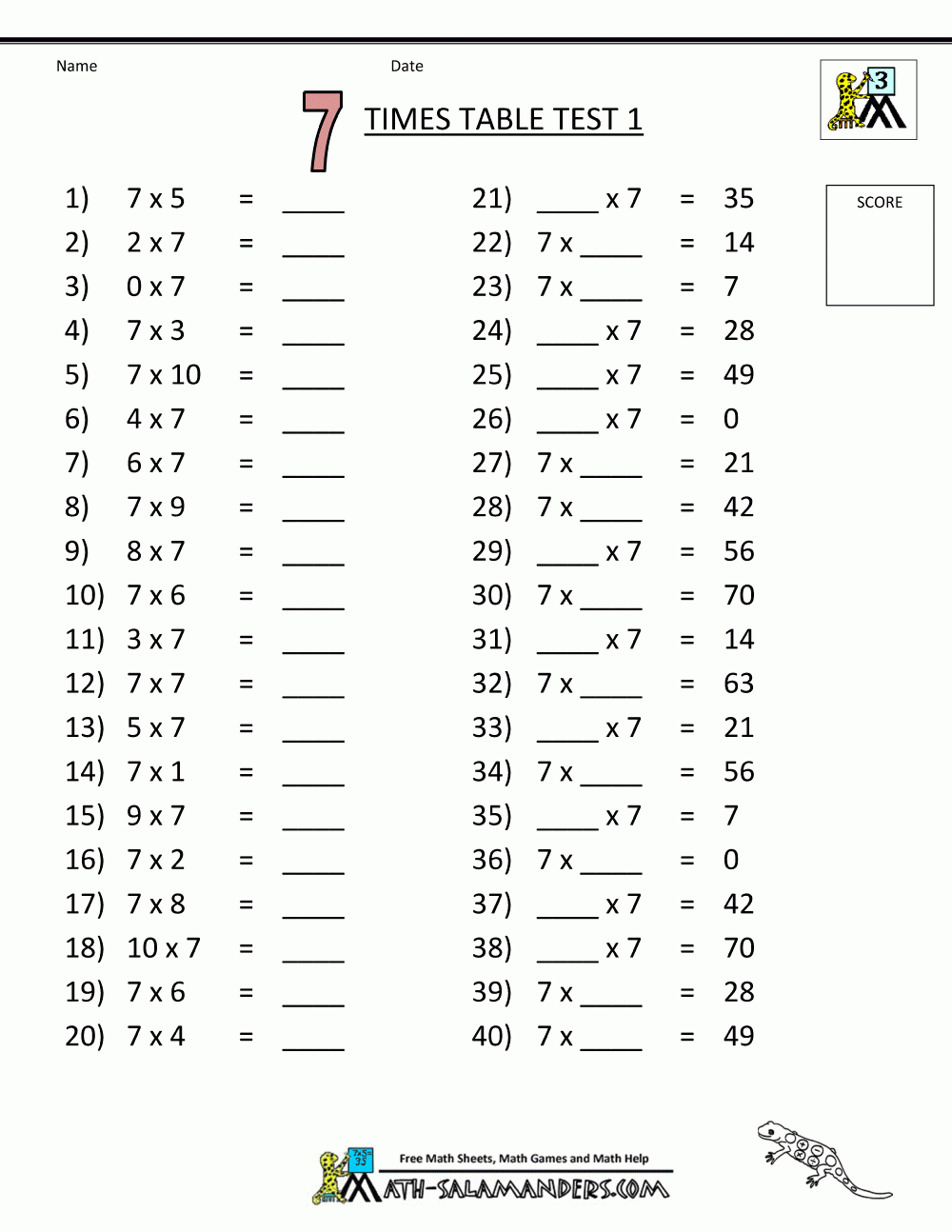 Pin On Korrutustabel within Printable 7 Multiplication Test