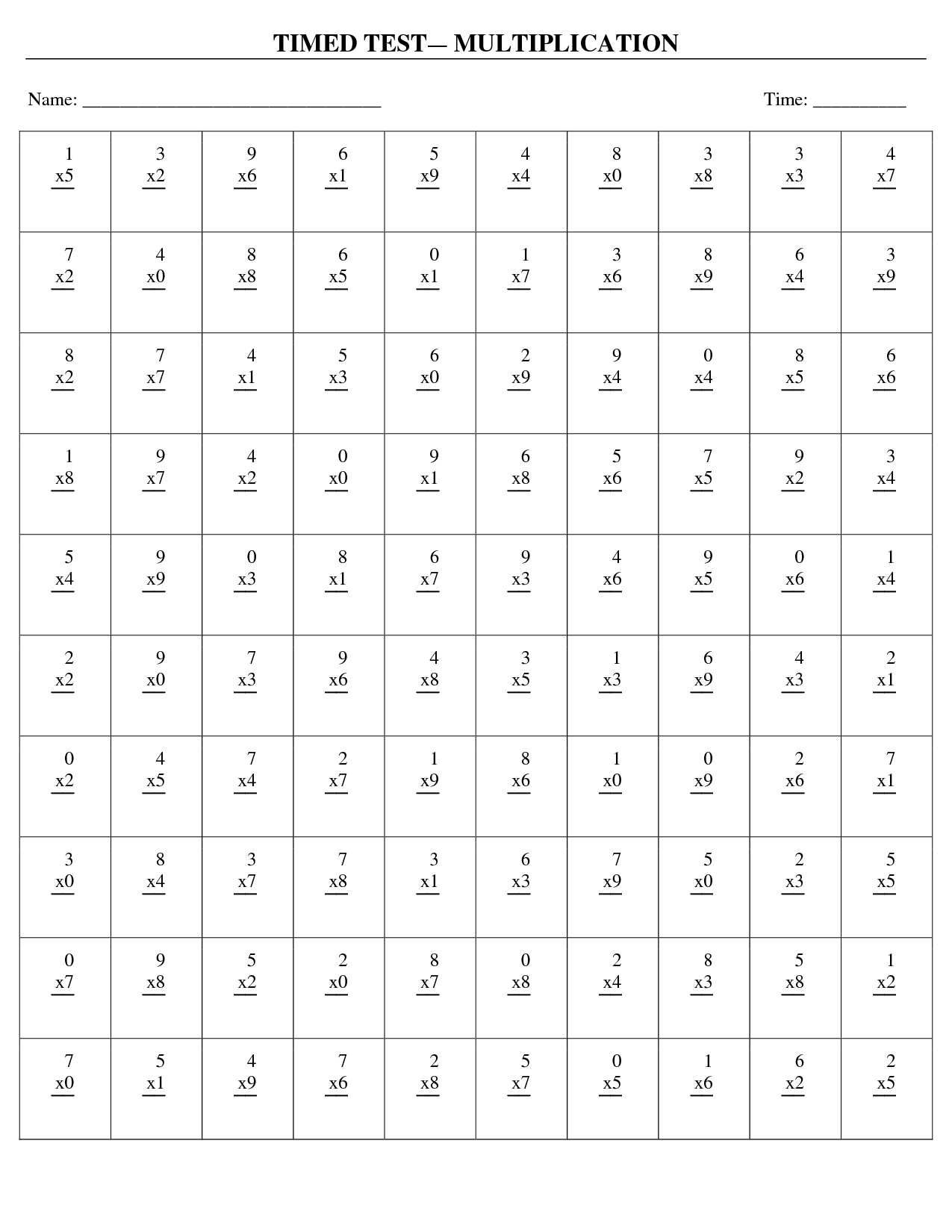 Printable Timed Multiplication Quiz
