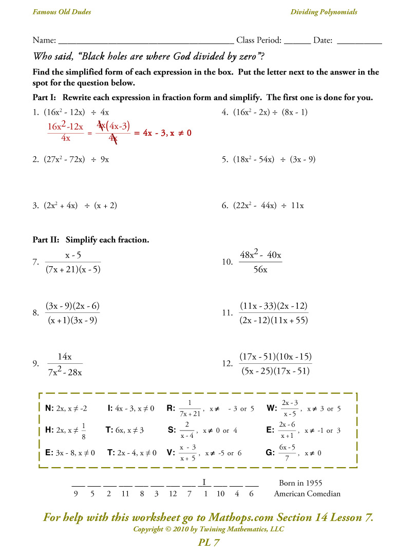 Pl 7: Dividing Polynomials - Simplifying - Mathops with regard to Worksheets About Multiplication Of Polynomials