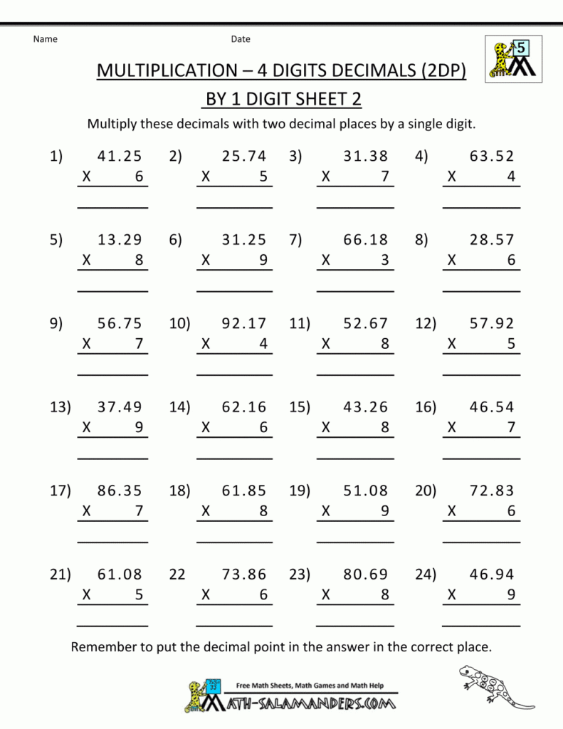 Practice Math Worksheets Multiplication 4 Digits 2Dp1 In Multiplication Worksheets 4 Digit By 1 Digit