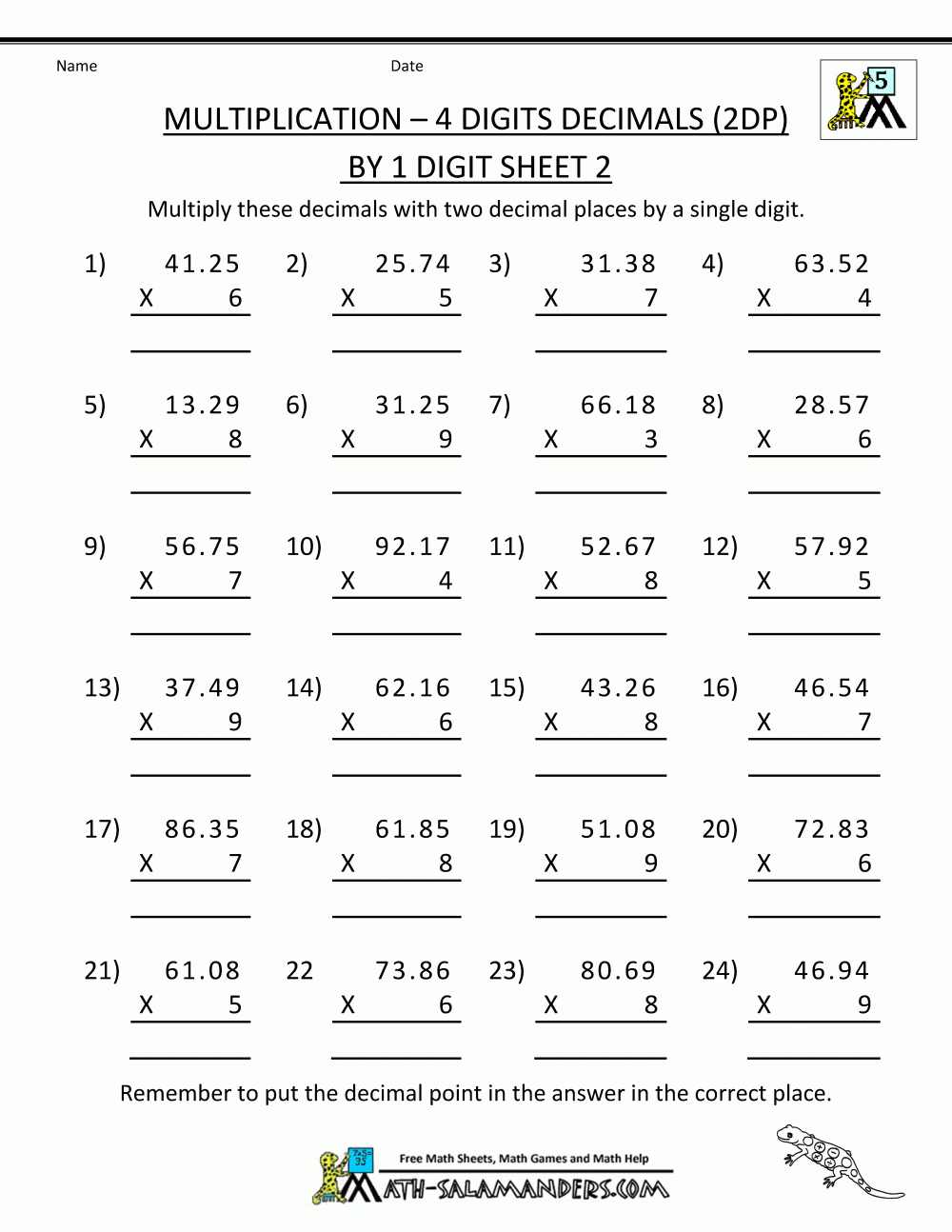 Practice Math Worksheets Multiplication 4 Digits 2Dp1 within Multiplication Worksheets 4 Digits By 2