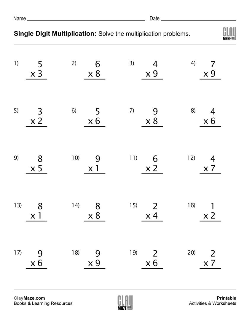 Practice Worksheet With Single Digit Multiplication - 20 P inside Printable Multiplication Questions