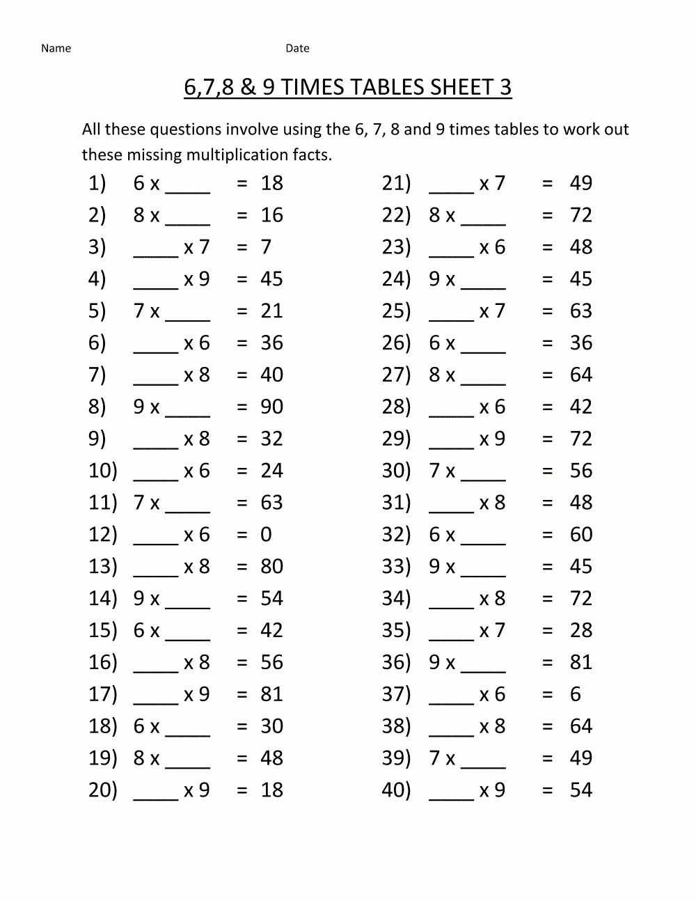 Printable 6 7 8 9 Times Tables Sheet For 4Th Grader | K5 throughout Multiplication Worksheets K5