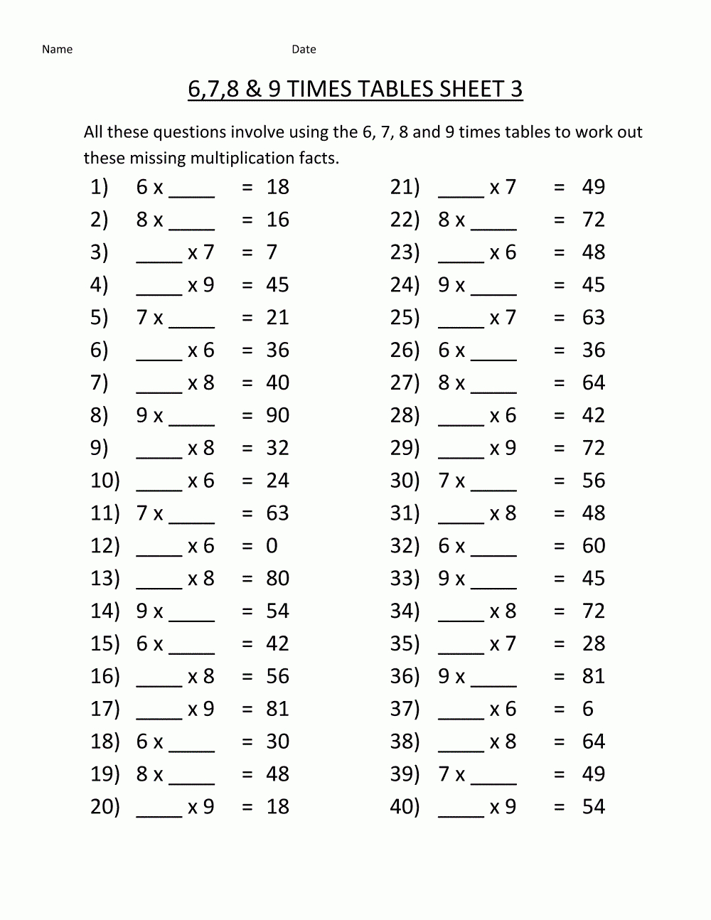 Printable 6 7 8 9 Times Tables Sheet For 4Th Grader | K5 within Multiplication Worksheets 3 And 4 Times Tables Printable 6 7 8 9 Times Tables Sheet For 4Th Grader | K5 within Multiplication Worksheets 3 And 4 Times Tables