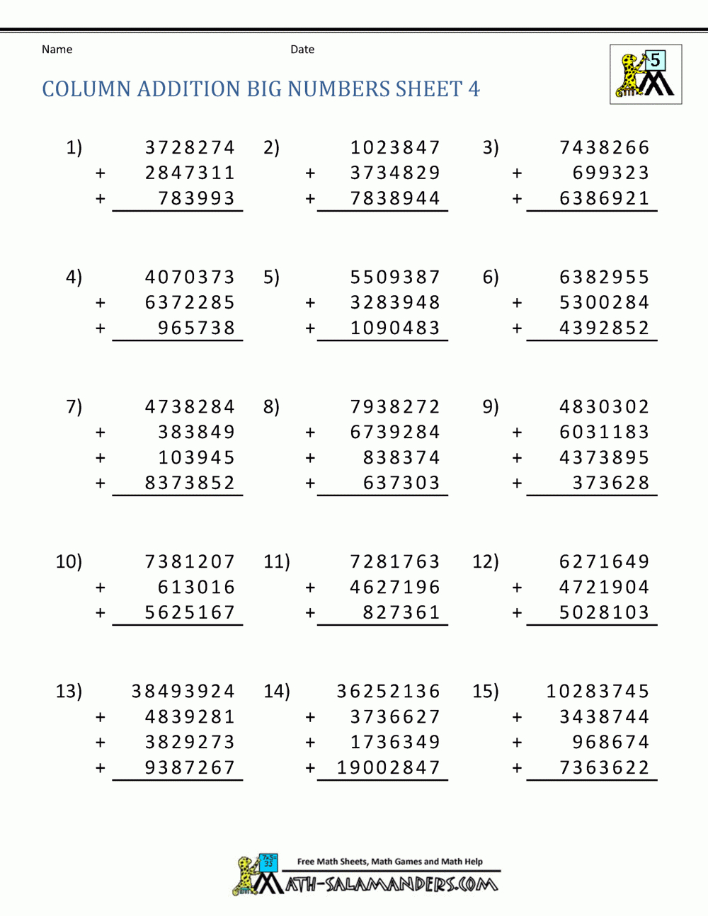 Printable Addition Worksheets 5Th Grade regarding Multiplication Worksheets Large Numbers