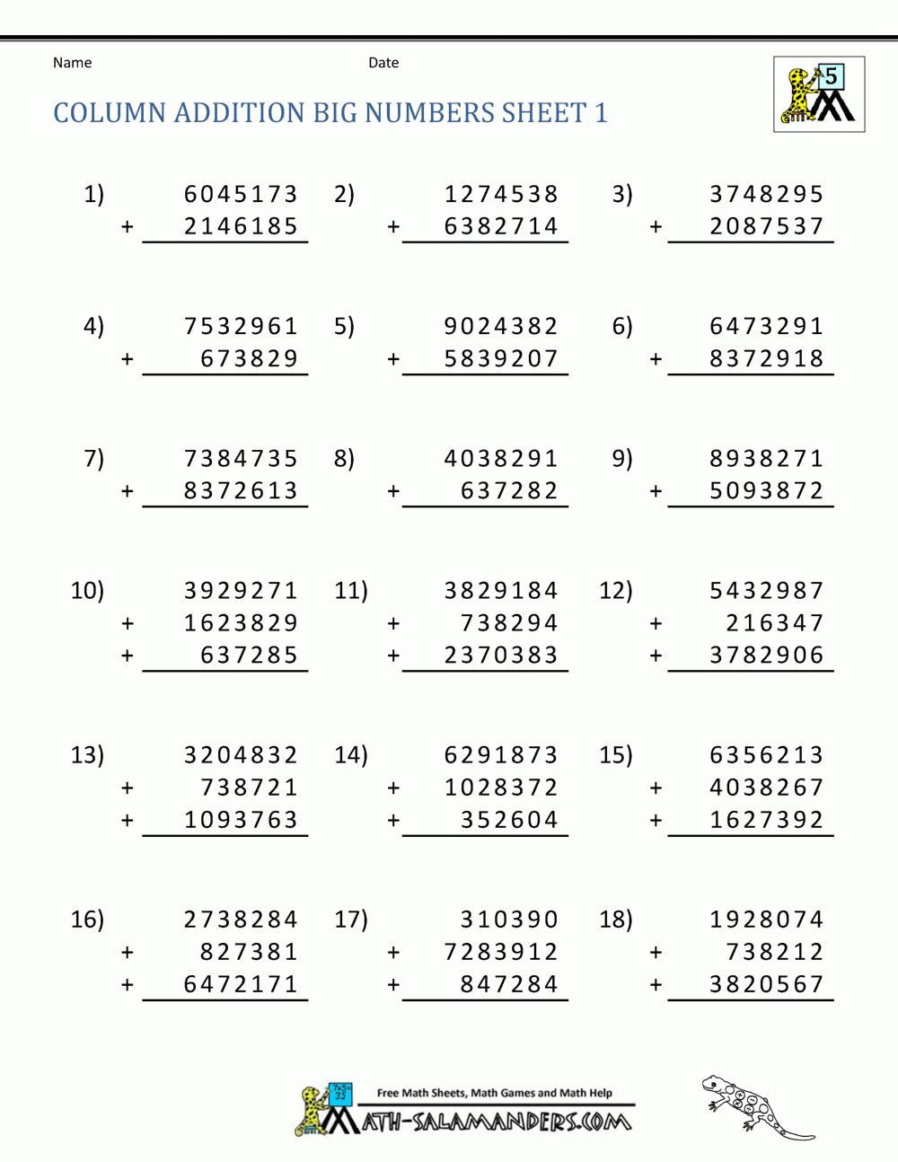 Printable Addition Worksheets 5Th Grade with Multiplication Worksheets Large Numbers