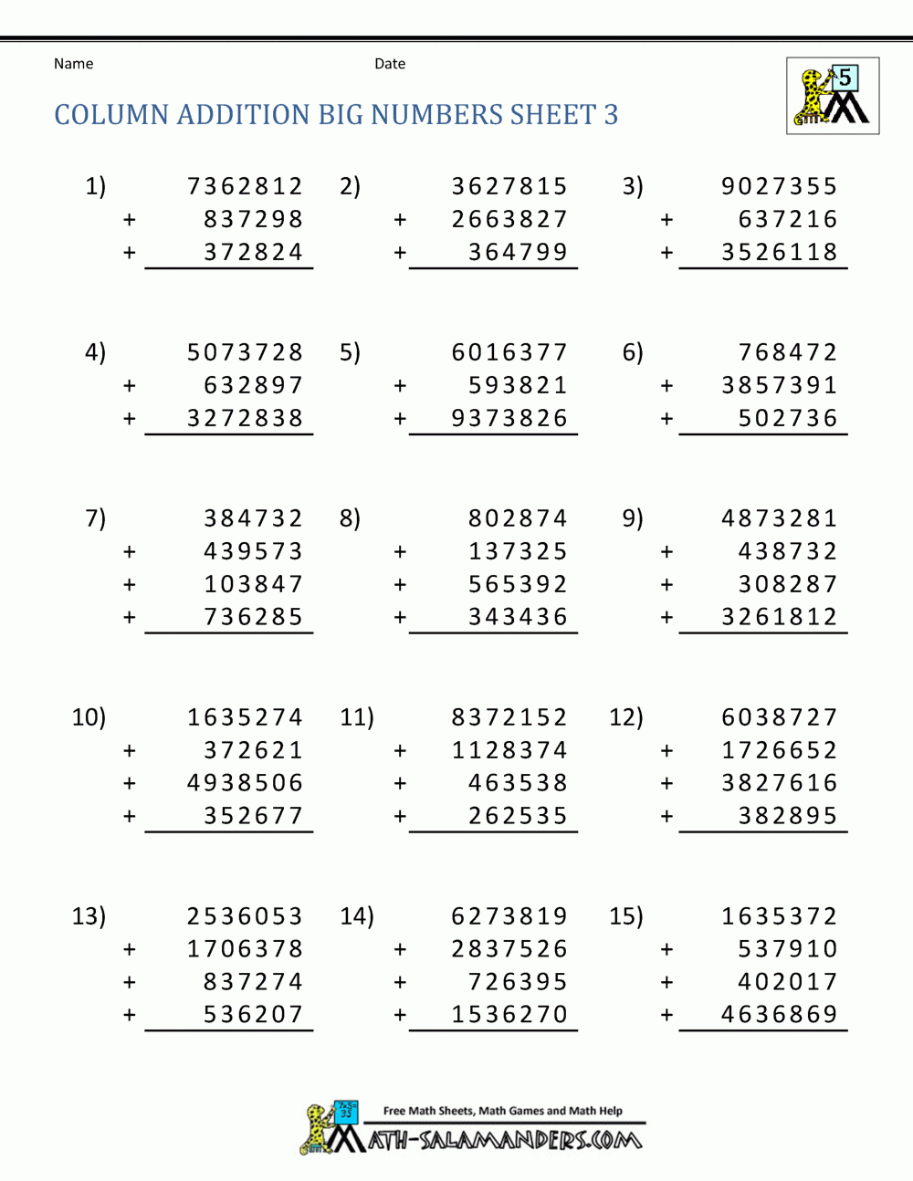 Printable Addition Worksheets 5Th Grade with regard to Multiplication Worksheets Large Numbers