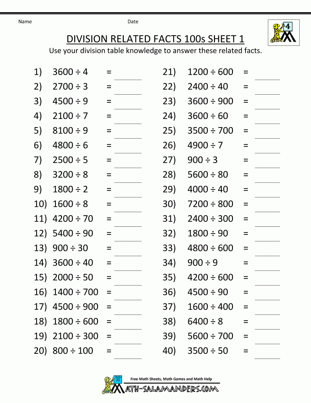 Printable Division Sheets in Multiplication Worksheets 60 Problems