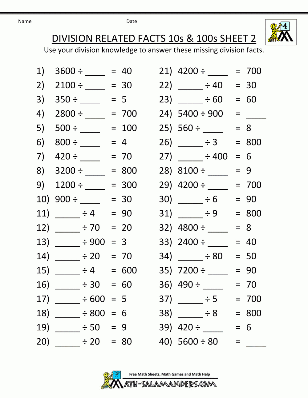 Printable Division Sheets in Worksheets Relating Multiplication And Division