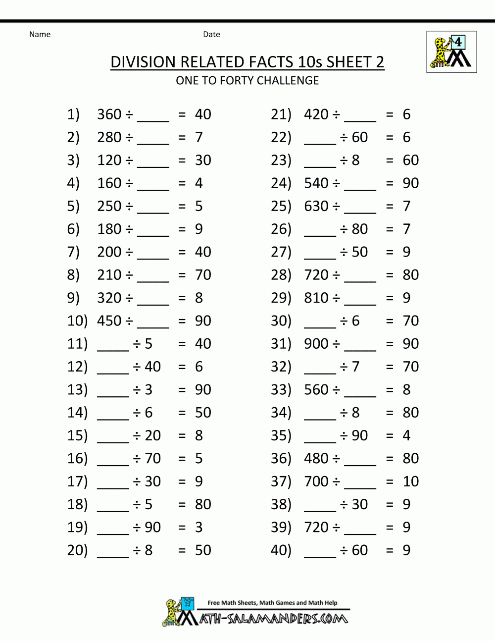 Printable Division Sheets intended for Worksheets Relating Multiplication And Division