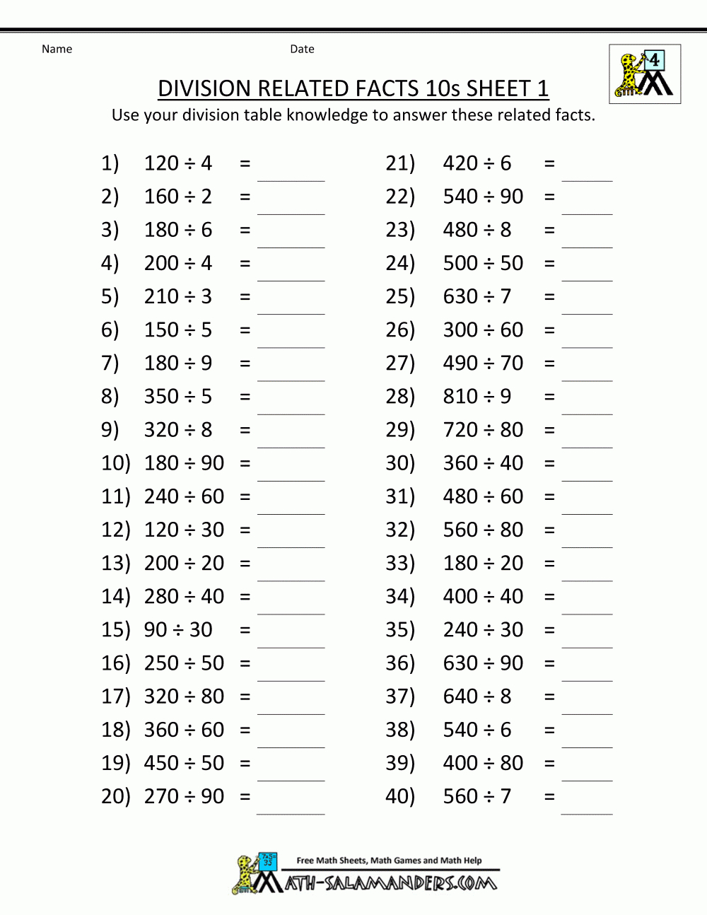 Printable Division Sheets regarding Printable Multiplication Test 50 Questions