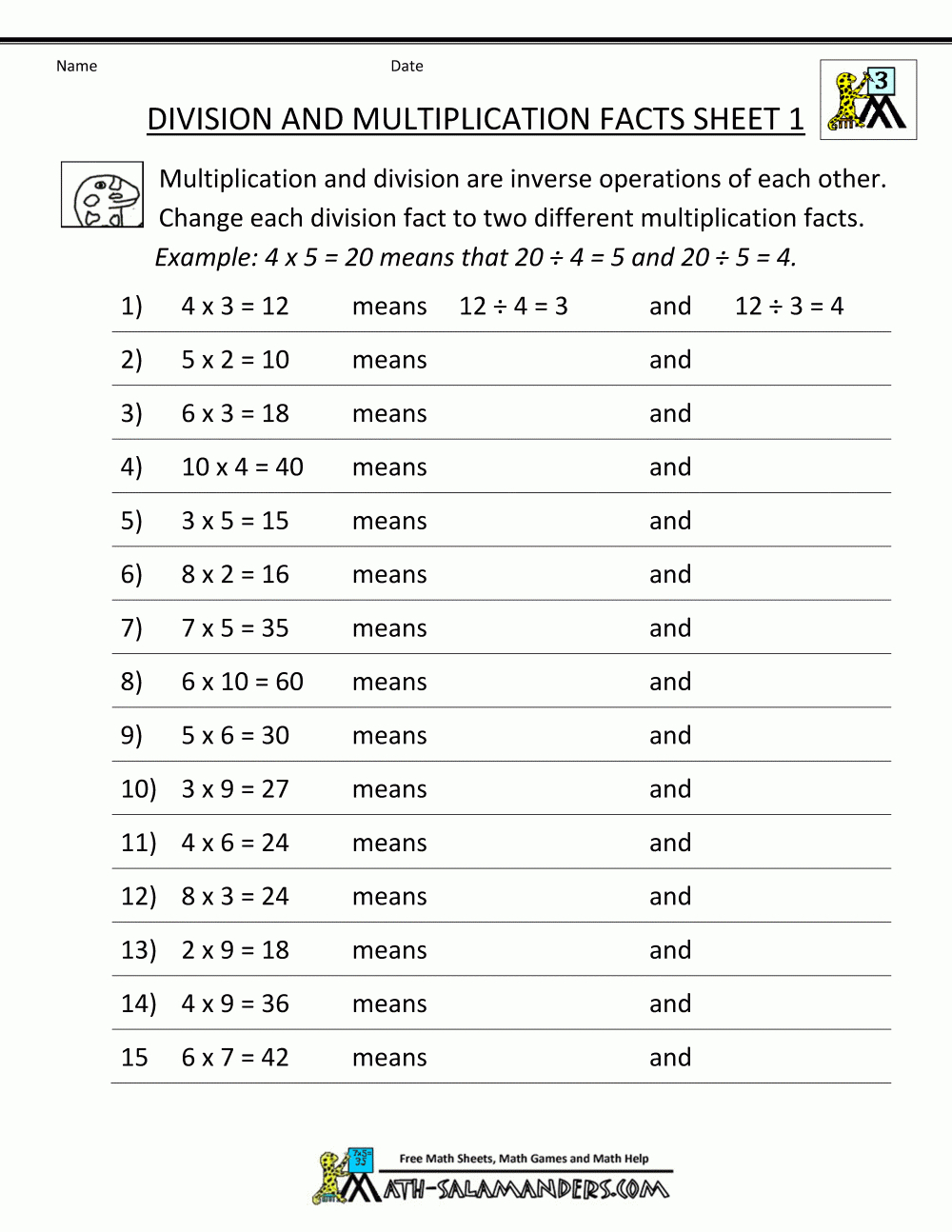 Printable Division Worksheets 3Rd Grade with Worksheets Relating Multiplication And Division