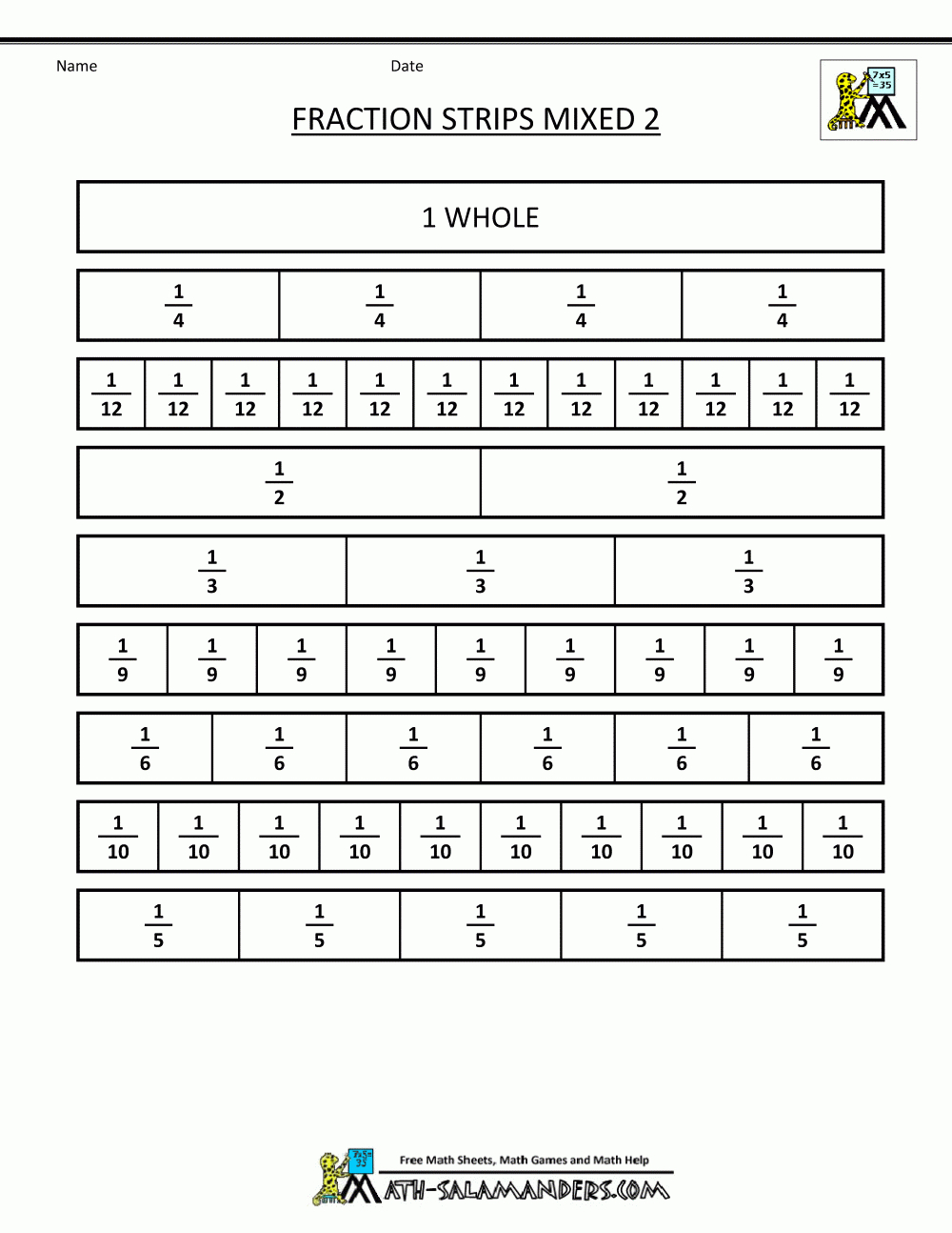 Printable Fraction Strips intended for Printable Multiplication Strips