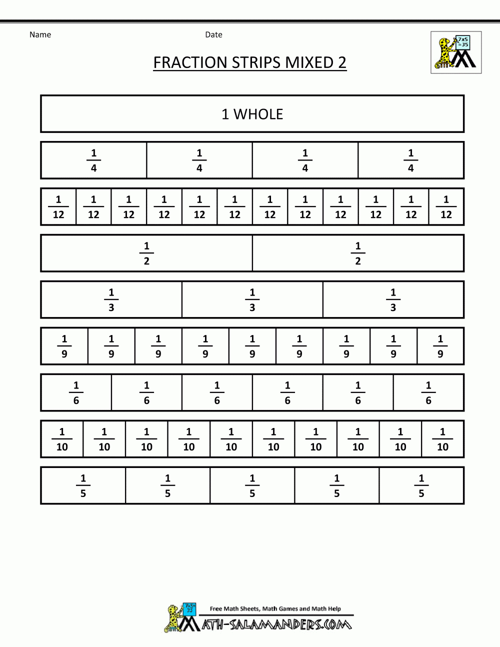 Printable Fraction Strips intended for Printable Multiplication Strips Printable Fraction Strips intended for Printable Multiplication Strips