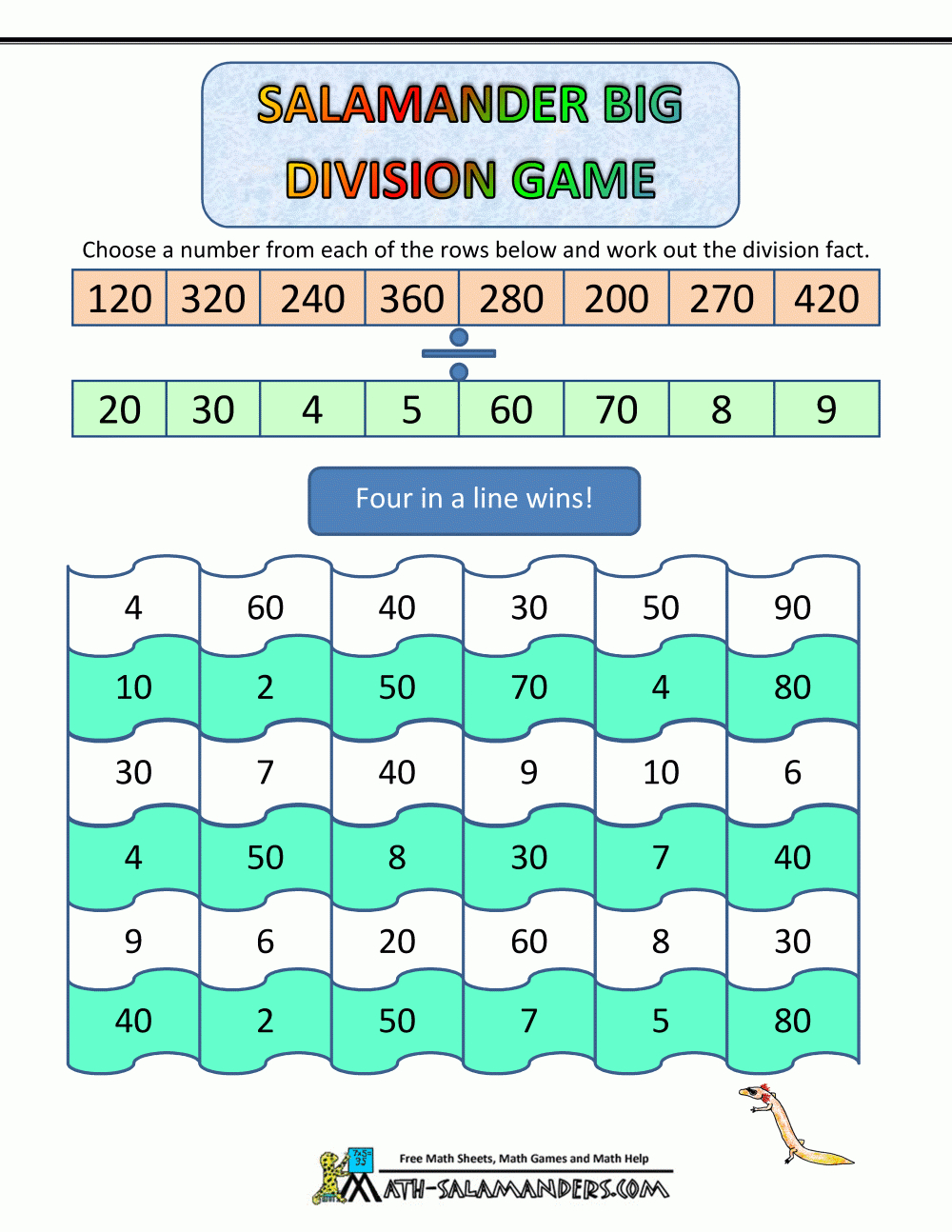 Printable Math Games Salamander Big Division Game | Math throughout Printable Multiplication And Division Games