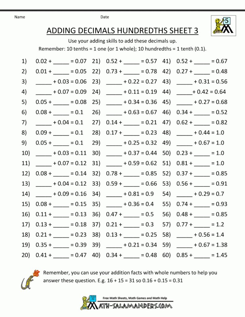 Printable Math Sheets Adding Decimals Hundredths 3 | Math Intended For Printable Multiplication Sheets For 5Th Graders