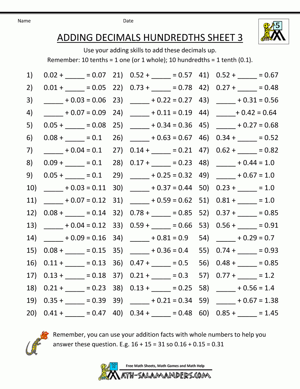 Printable Math Sheets Adding Decimals Hundredths 3 | Math intended for Printable Multiplication Sheets For 5Th Graders