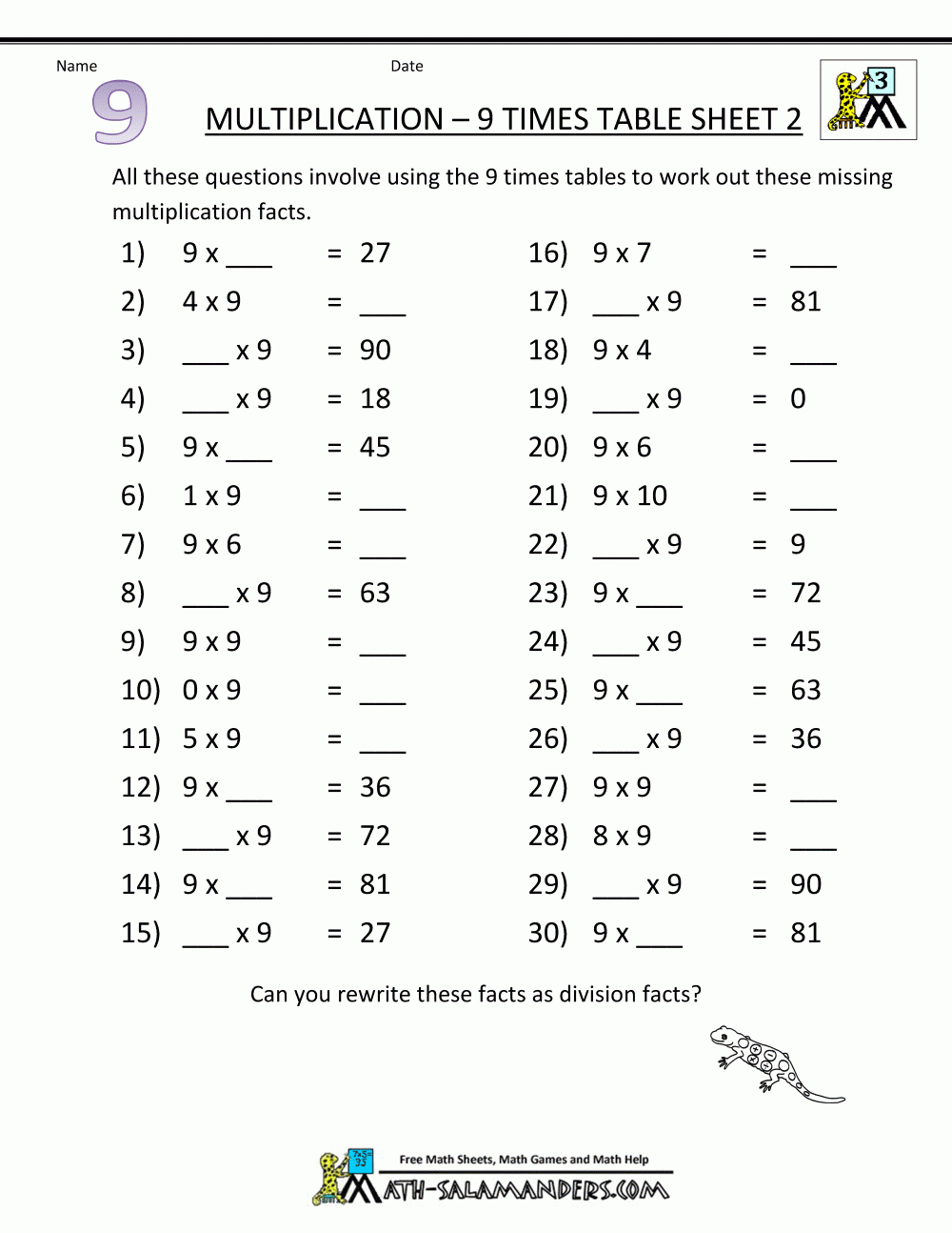 Printable Math Worksheets Multiplication 9 Times Table 2 intended for Multiplication Worksheets 9 Times Tables