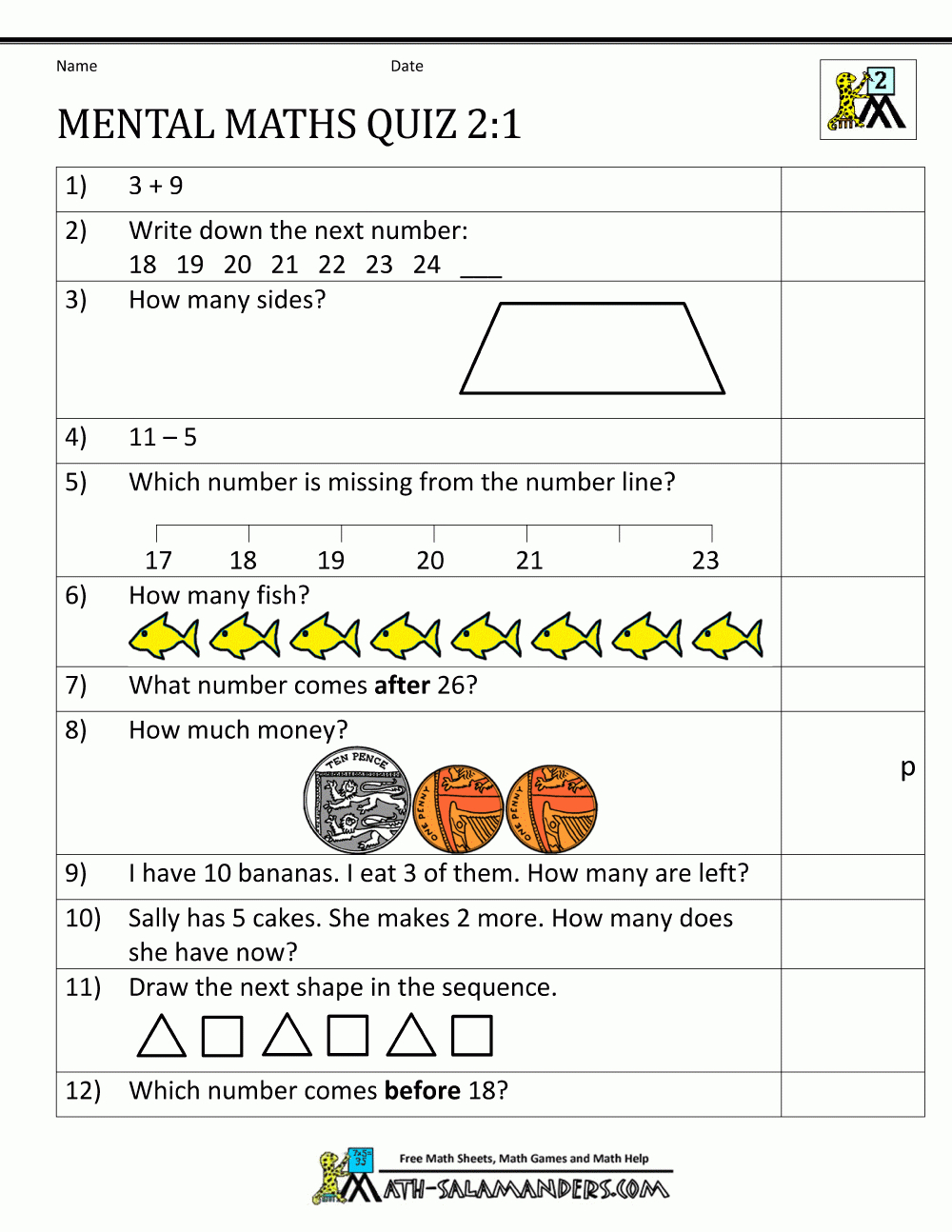 Printable Mental Maths Year 2 Worksheets within Printable 2&amp;#039;s Multiplication Quiz