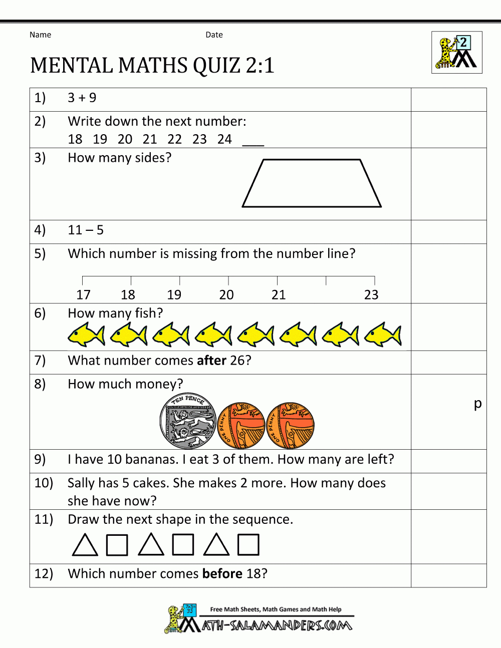 Printable Mental Maths Year 2 Worksheets within Printable 2's Multiplication Quiz