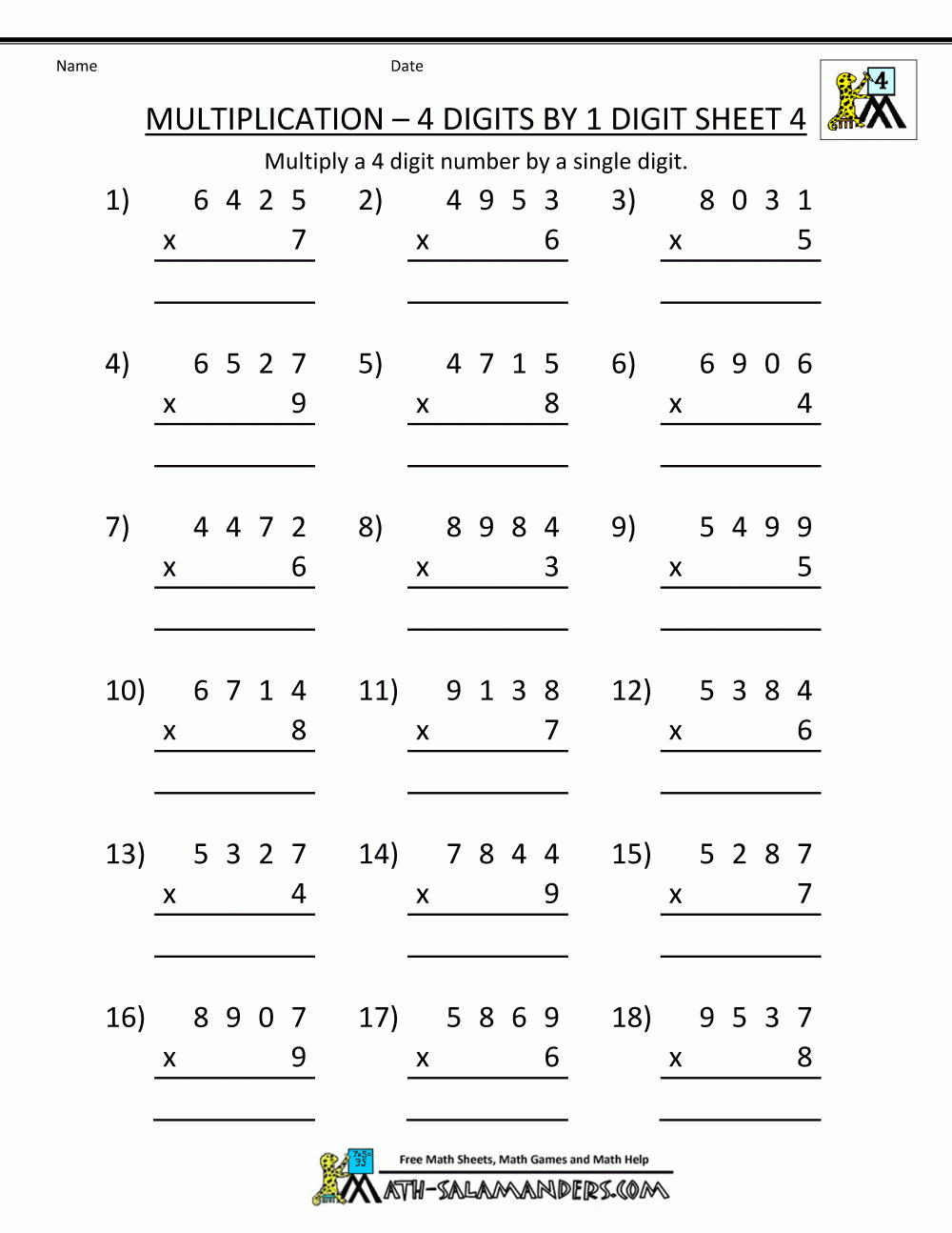 Printable Multiplication Sheets 4 Digits1 Digit 4 | 4Th in Printable Multiplication Sheets 4Th Grade