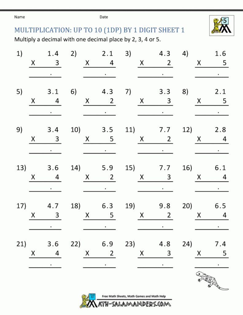 Printable Multiplication Sheets 5Th Grade For Worksheets Multiplication Decimals