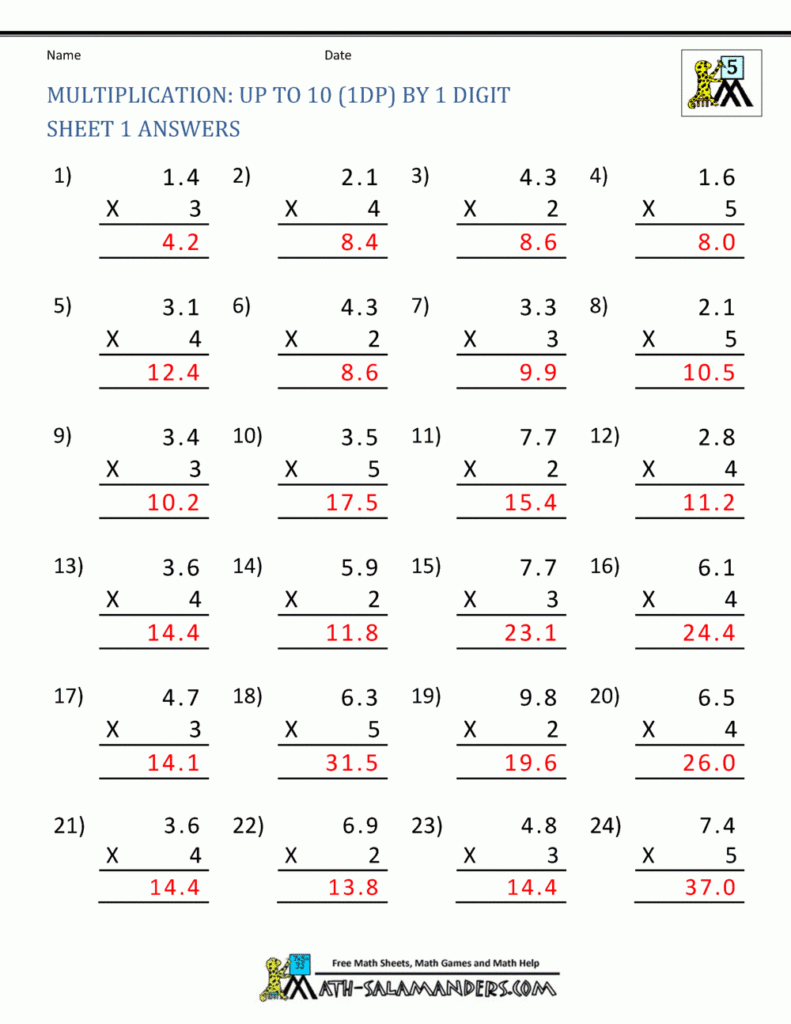 Printable Multiplication Sheets 5Th Grade Throughout Worksheets Multiplication Grade 1
